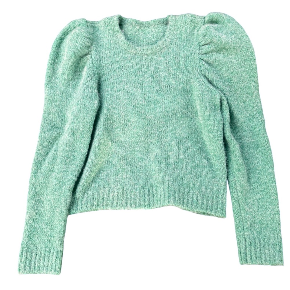 Fuzzy‎ Puff Sleeve Wool Alpaca Blend Sweater Mint Green Knit Pullover Women's LG